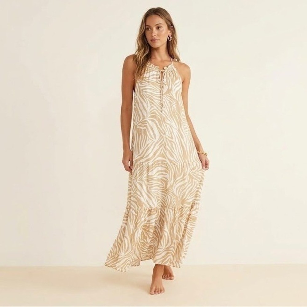 Nine West Tiered Peasant Maxi Dress Womens XL Tan Zebra Print NEW Halter Neck